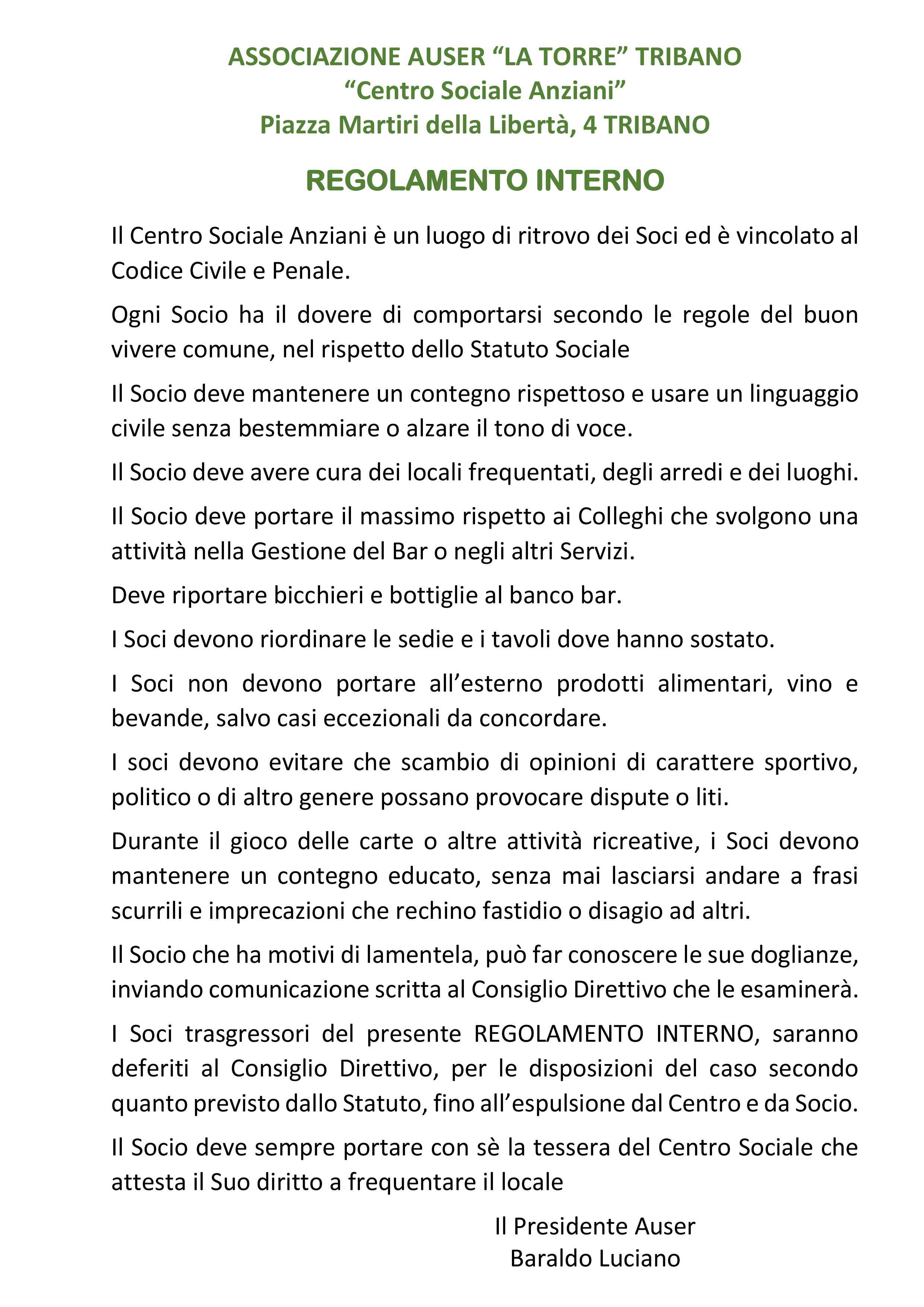 Regolamento di comportamento interno